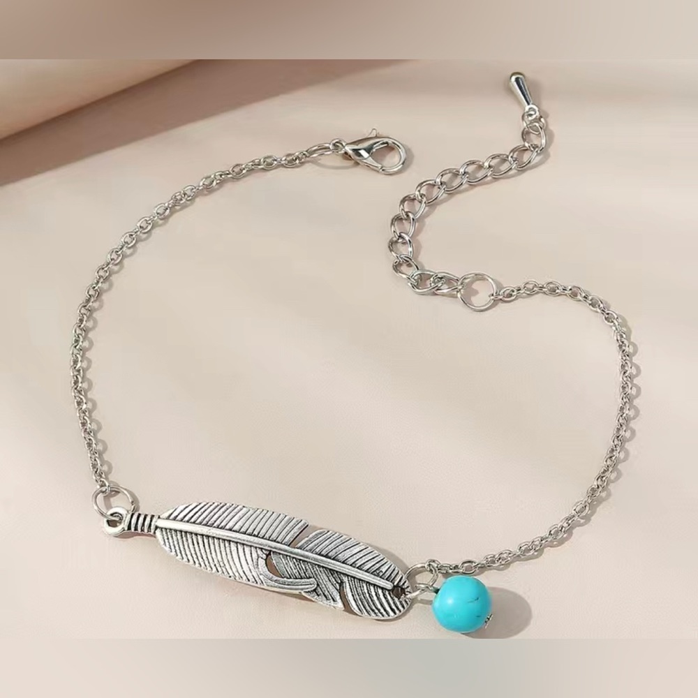 Leaf Shape Ankle Bracelet with Stone Bead